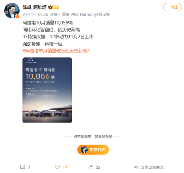翻倍大涨!阿维塔10月销量10056辆 创历史新高