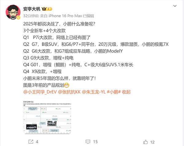 小鹏汽车2025年产品规划曝光:3款全新车型 4款改款