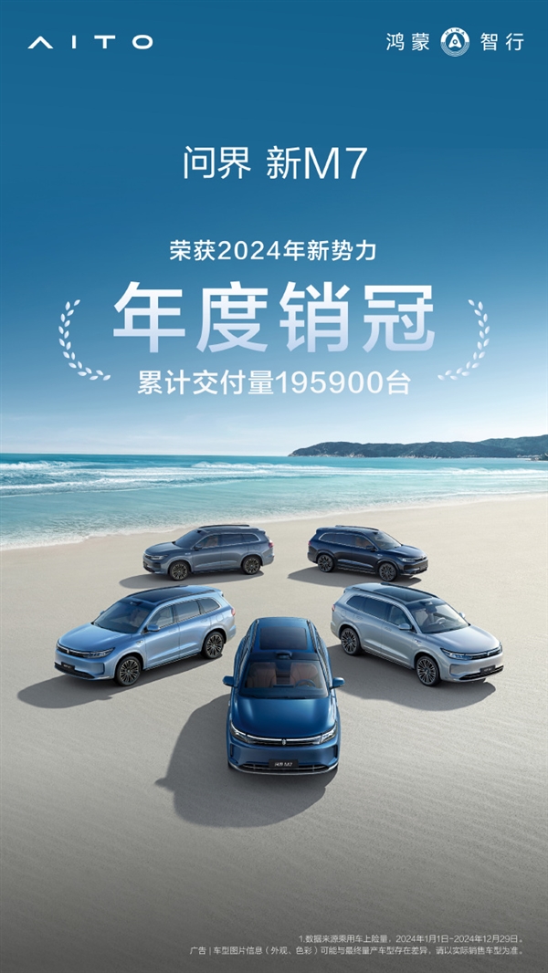 问界新M7一年交付近20万 斩获2024年新势力车型年度销冠!
