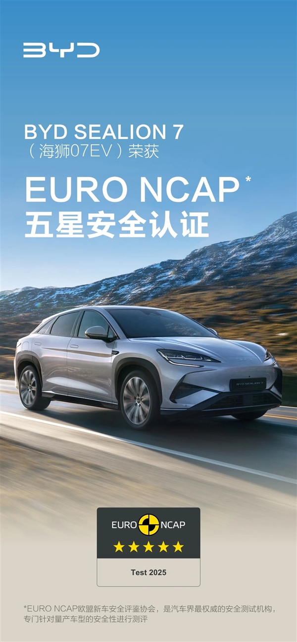 比亚迪首款全工况海外测试车型:海狮07EV获双五星安全认证
